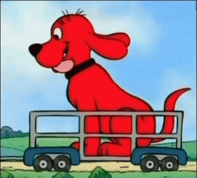 a cartoon dog with a big nose driving down a trailer