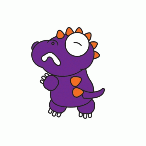 a purple and blue animal that is frowning
