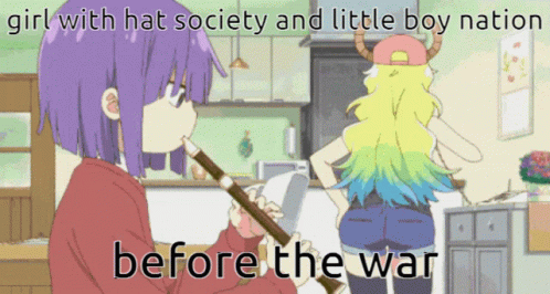the girl with the violet hair is holding a gun and talking to a guy