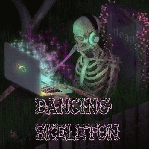 a skeleton wearing headphones and listening to music on a laptop