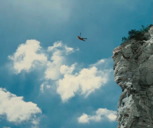 a bird flying by a cliff during a cloudy day