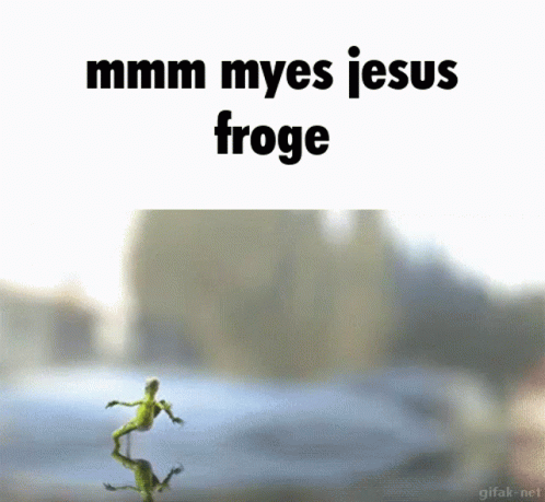 the toy frog is running around in front of the image
