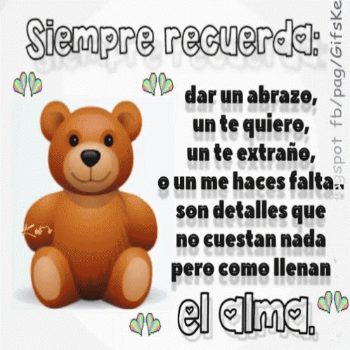 a blue teddy bear with spanish words above it