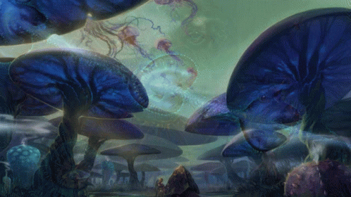 a painting of mushrooms and jellyfishes in the water