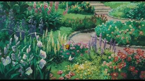 the painting depicts a path through a garden with many colorful flowers
