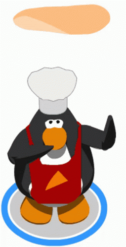 the penguin dressed as an chef holding the spoon in one hand