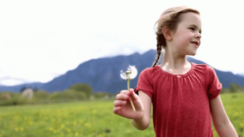 a little girl in the middle of a field holding a flower