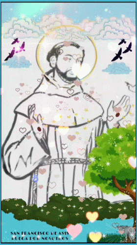 a poster of a priest standing in front of a tree