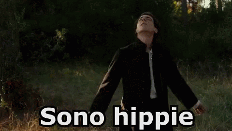 a person stands in a grassy area with text that says, sono hippie