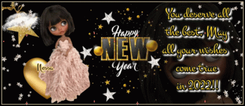 new year greetings with an animated cartoon girl in white