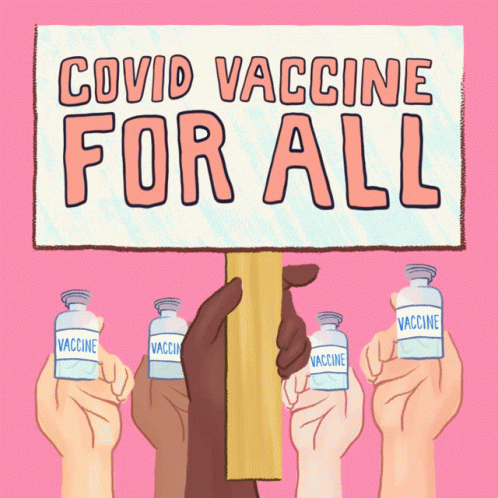 a drawing of hands holding up a sign that says covid vaccine for all