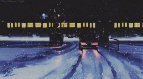 an animation of a snowy night with some trucks in it