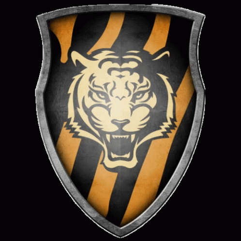 a blue and black striped shield with a tiger logo