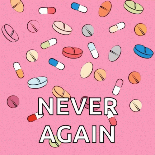 a purple poster with a picture of pills floating above it