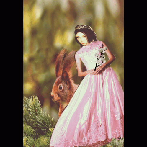 a woman in a pink gown with a blue wolf