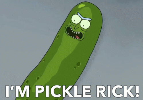 a cartoon green pickle with a face that has been bitten and has the words i'm pickle rick printed on it