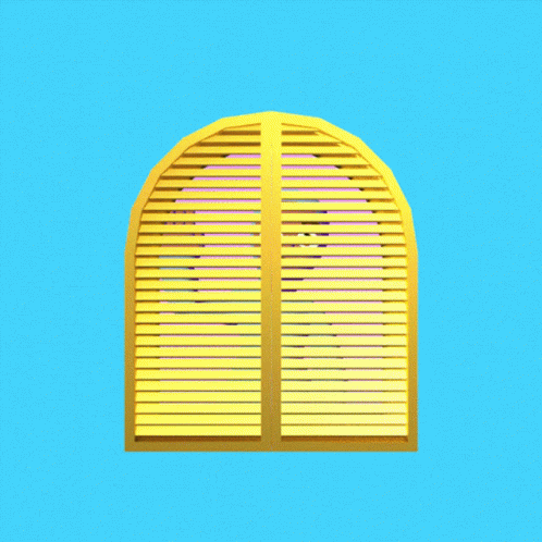 a yellow background with a blue window and an open, closed shutter
