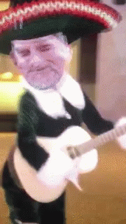 an old man wearing a black and white suit and a guitar