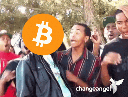 people are laughing with a bitcoin above them