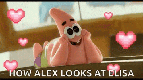 a purple cartoon character with words and pictures over it that reads how alex looks at elsia