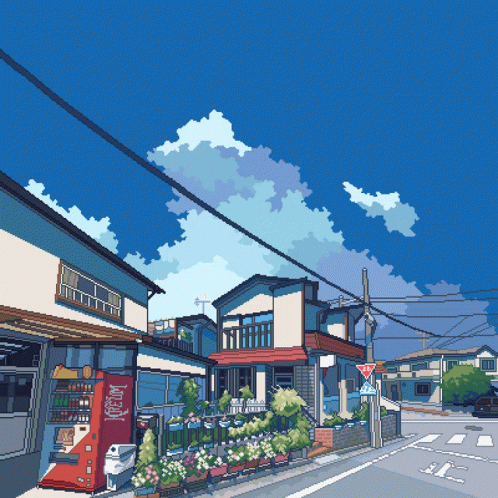 a digital painting of a street with buildings