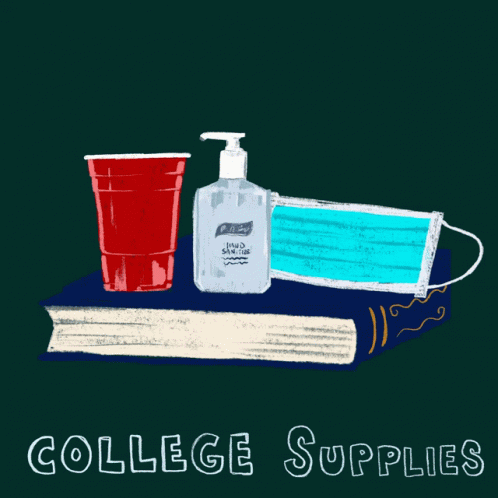 a book with a blue cup and yellow tube, next to it, is on top of a pile of books next to an empty bottle and a plastic cup that reads college supplies