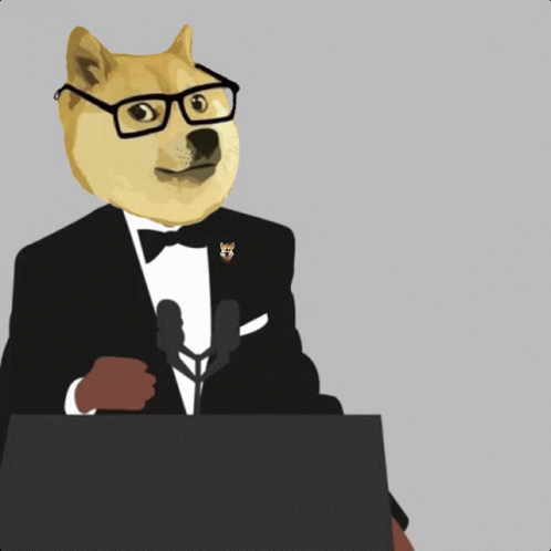 blue dog with glasses and bow tie giving a speech