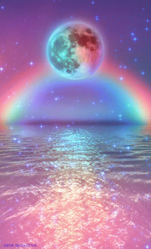a colorful painting of the ocean and a rainbow half moon