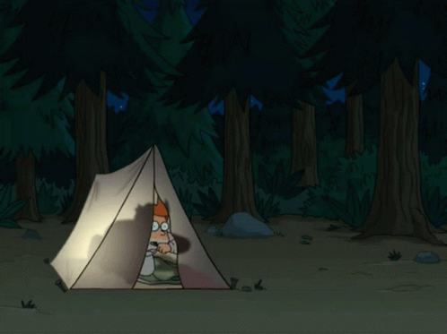 a cartoon image of a person in a tent