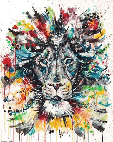 a watercolor drawing of a lion with splashing paint