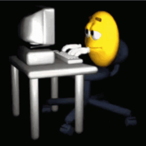 a character using a keyboard and mouse while sitting in a chair