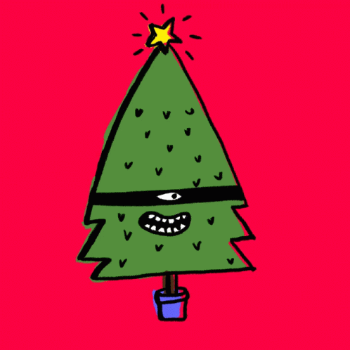a green cartoon christmas tree with an evil face