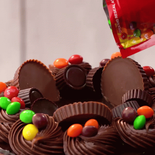 a cupcake with chocolate and candy decorations
