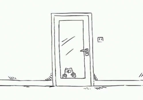an illustrated cartoon door to another door, with one cat inside