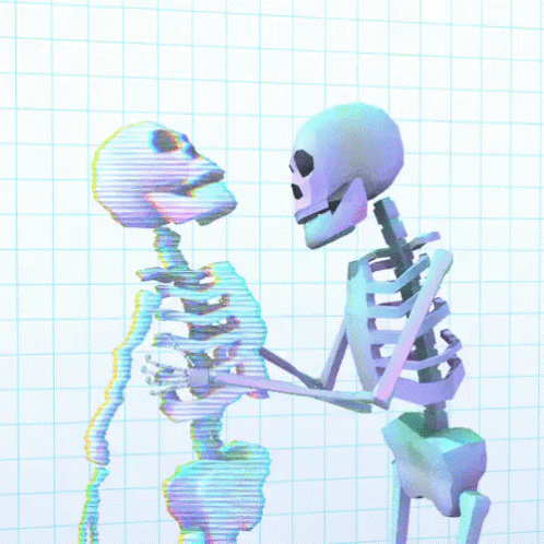 a very colorful skeleton and another skeleton are talking
