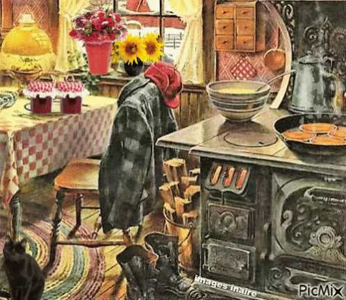 a kitchen with a black cat standing near an old stove