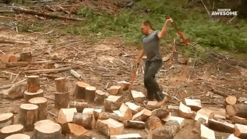 a man standing on top of a pile of logs in the middle of a forest