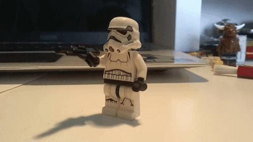 storm trooper lego figure on a white counter top
