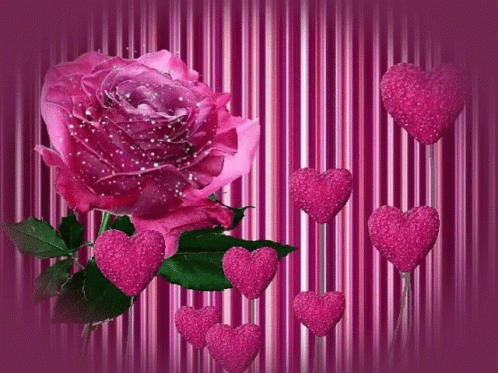purple roses and hearts are arranged against a purple background