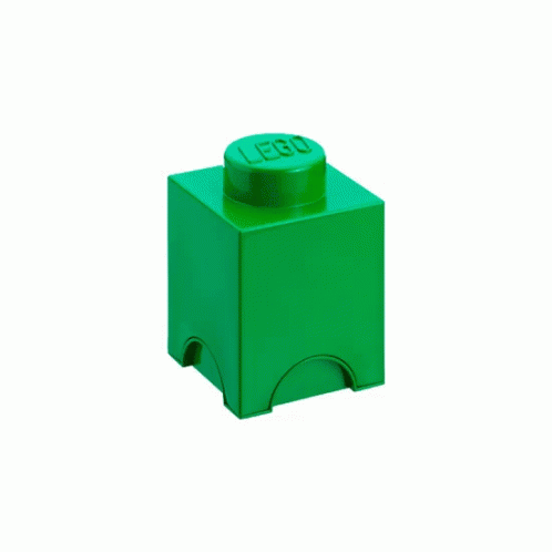 a lego green block sits against a white background