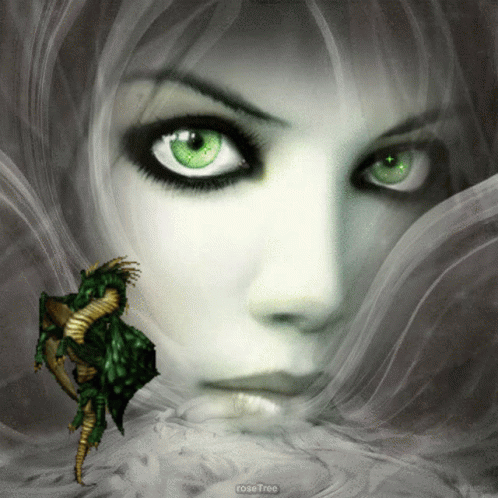 a girl with green eyes stares at a dragon
