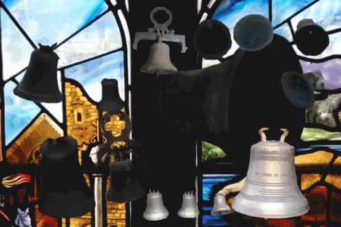 a painting of a bell hanging in front of a stained glass window