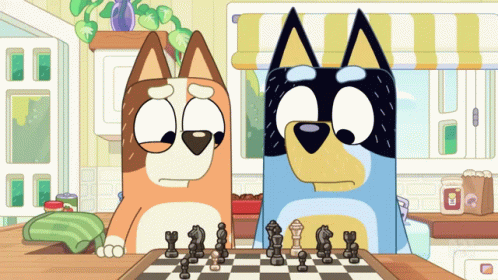 two animated dogs are playing chess on a chess board