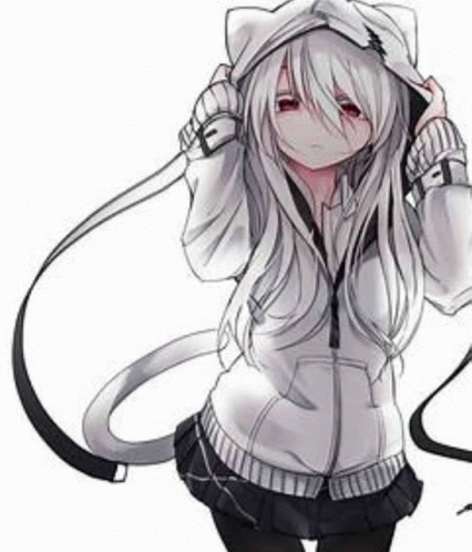 an anime character with black and white hair wearing an earphone