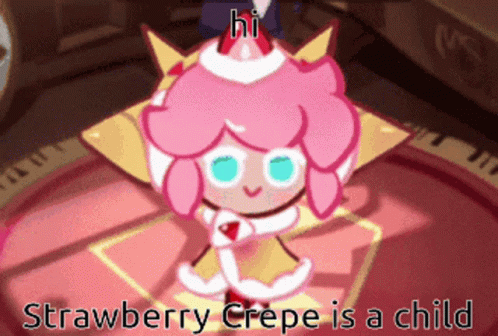 an animated cartoon character with the caption strawberry creepe is a child