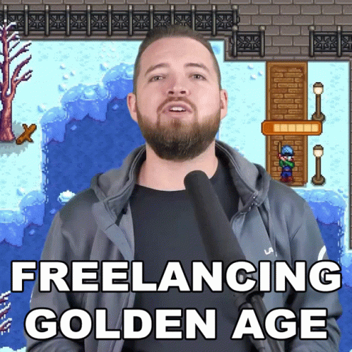 a man is standing in front of a brick wall with the words freelancing golden age