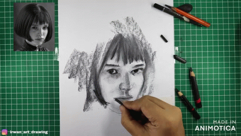 a girl is being drawn with her face and features an alien looking nose