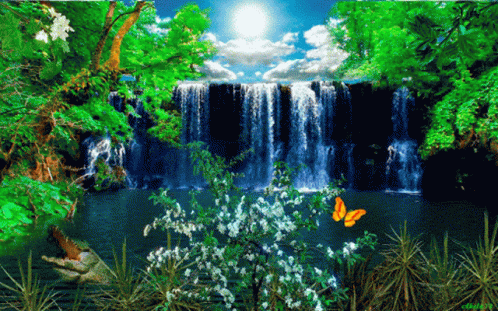 a painting of waterfall in the woods with a blue bird