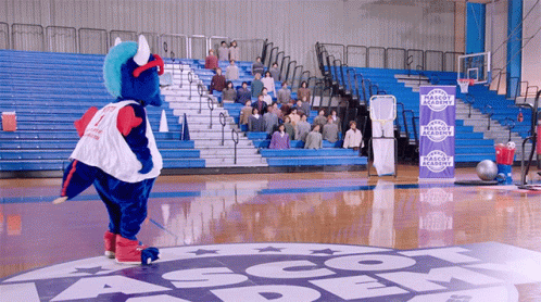 the mascot of the basketball team is on the court
