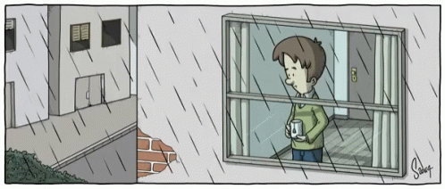 a comic strip of a boy standing outside the window looking at the rain
